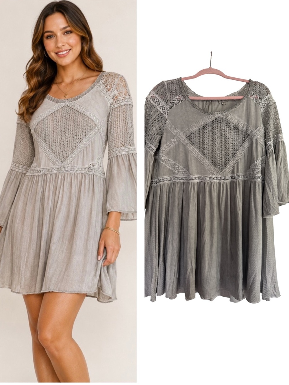 POL Boho Bell Sleeve Babydoll Dress | Gray Lace Detail Tunic Mini | Small/Medium